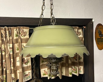 Vintage Kichler Hanging Pendant Light | 1970s Colonial Green Scalloped Shade
