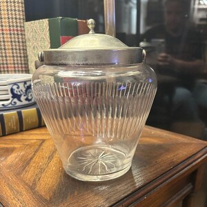 Vintage English Glass Biscuit Barrel – Ribbed Jar w/ Lid, Made in England