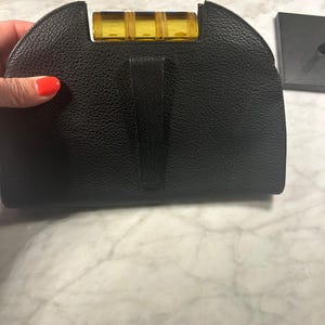 Vintage 1940s Black Leather Clutch with Amber Lucite Clasp & Coin Purse Insert
