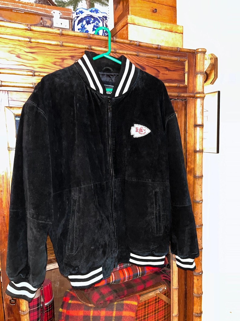 Vintage Kansas City Chiefs Suede Leather Varsity Jacket L Black NFL Sports EII image 1