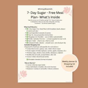 Plan de repas sans sucre de 7 jours, planificateur d'alimentation saine à faible teneur en sucre avec recettes, liste de courses et calendrier hebdomadaire, guide de régime numérique sain