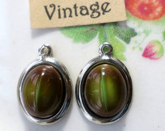 Cat's Eye Vintage Glass charms Green Drops Oval Silver Tone Eyes Black Cat Lovers NOS #52G