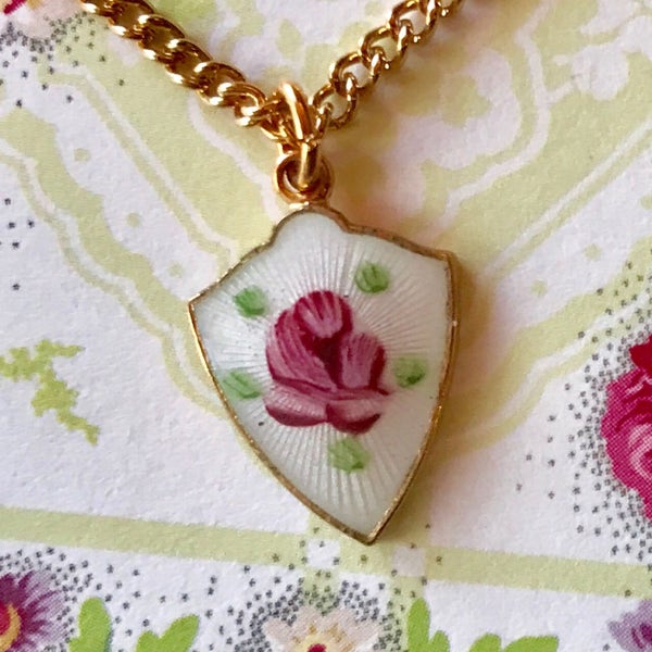 Shield of Faith Necklace, Guilloche Necklace, Vintage Necklace, Sunday school gift, Enamel necklace, Rose Necklace, Little Girl gift, #1451