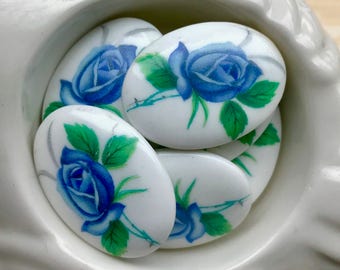 Vintage 25x18mm Cabochons,Floral Cabochons,Blue Rose Cabochons, Limoges Cabochons,Vintage Rose Cabochons,Mid Century Jewelry, NOS #1684C