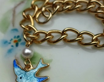 Bracelet à breloques Sarah Coventry, bracelet vintage en émail, bracelet Blue Bird, bracelet petite fille, bracelet vintage, bracelet plaqué or