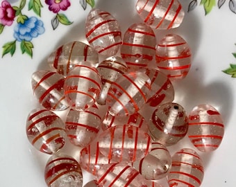 Vintage Glass Beads, 14x10mm Beads, Red Striped Beads, Barrel Beads, Crystal Beads, NOS, #715