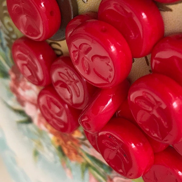 Flower Beads, Czech beads, Vintage Glass beads, Red beads, Disc Beads, Minimalist, vintagerosefindings, Coin Beads, 12x4mm