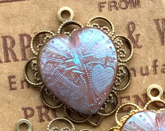 Vintage Saphiret Heart Charm, vintage saphirets, Saphiret beads, antique, Cross, Anchor, Heart, Glass Filigree Heart, Saphiret heart pendant