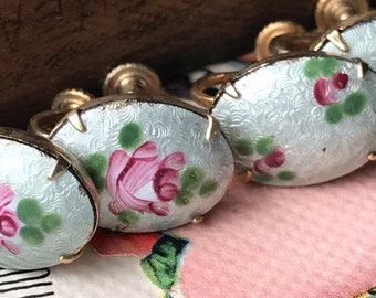 Vintage Guilloche Earrings, Shabby chic Earrings, Screw Back Earrings, cloisonné earrings, Cottage Chic earrings, Vintage Assemblage, NOS