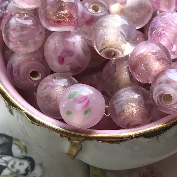 Pink Blush 9mm Vintage glass floral beads, Lampwork beads, Shabby chic floral beads, Glitter beads, Foiled beads, Pink Lamp Work Beads, B195