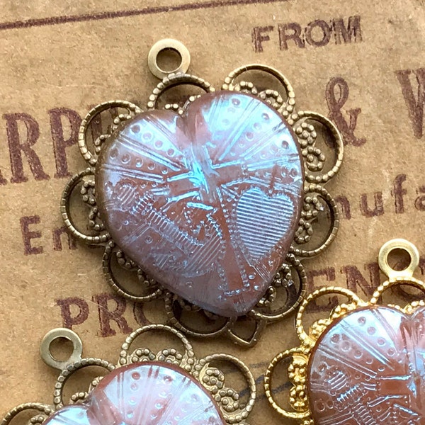 Vintage Saphiret Heart Charm, Cross, Anchor, Heart, Glass Filigree Heart #B32C