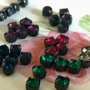 Vintage Sew On Sew On Rose Montee Chaton Rhinestone Beads, 4 hole rhinestones black setting, 5mm,  casletcore rhinestones, Sapphire, Jet