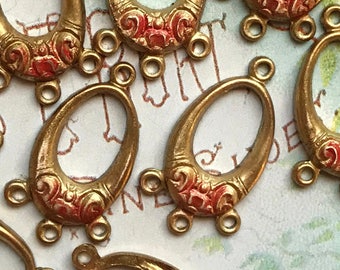 Shabby chic brass Connectors, Red Rose Connectors, Floral Victorian Findings, 3 loops connectors, Vintage connectors, Stampings NOS