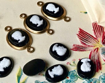 Vintage Cameo Connectors, Black, Oval cameos, 8/6mm, Tiny Cameos, vintagerosefindings, victorian woman