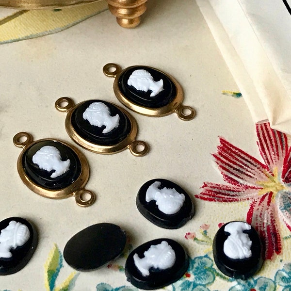 Vintage Cameo Connectors, Black, Oval cameos, 8/6mm, Tiny Cameos, vintagerosefindings, victorian woman