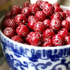 Art Deco beads,Vintage Glass Beads, Etched beads, beads,7mm beads,red glass beads,Flower beads,vintage findings,Unique beads, #1492S3