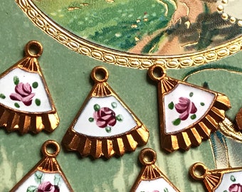 2 Vintage Guilloche Charms, Fan charms, Enamel charms, hand painted rose, Victorian charms, Copper Charms