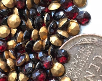 Vintage Garnet Stones 4mm Tiny Ruby Red Gold Foil Back Rhinestones NOS #259 