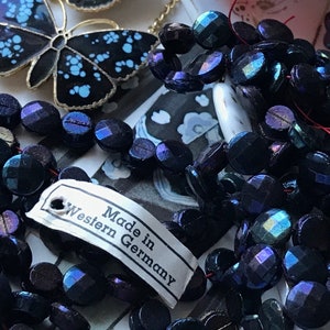 Vintage Black Iris nail head Glass Beads, Jet Glass AB beads, Castlecore, antique aurora borealis beads, Germany, B307A