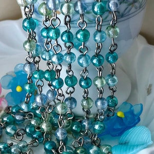 Vintage Beaded Chain, Aqua blue beads, silver Chain For Jewelry Making, 5mm beads GlassBeads, 18”inches, vintagerosefindings