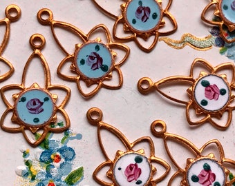 Vintage filigree enameled charms, enamel charms, ornate charms, victorian charms, blue guilloche charms, vintagerosefindings, Supplies