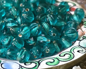 Vintage Teal Beads, melon Beads, 4mm or 9mm, Glass Beads