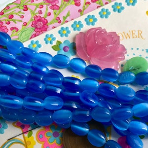 Vintage Moonstone Glass Oval Beads, Blue Marbled Beads, Two tone blue beads