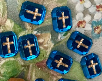 Vintage Cross Cabochons, Glass cabochons, Gold Cross Religious cabochons, Christian Germany Sapphire, Square