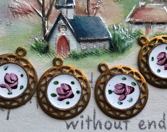 4 Vintage Guilloche Charms, Round charms, Enamel charms, Filigree charms, Victorian charms, vintage adornments NOS, Copper Charms, #G123G
