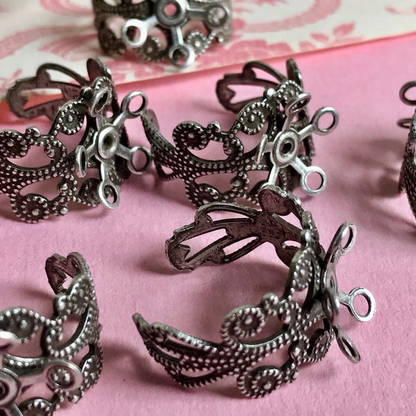 Ornate Filigree Ring Blank 11mm Setting, Antique Silver Ox, Base-Adjustable, Ring Blanks, Gun Metal rings, vintagerosefindings, NOS, #1403B