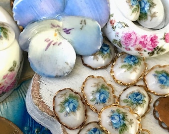 Vintage Blue rose cabochons, porcelain charms, 9x7mm findings, floral components, flower Connectors, COTTAGECORE jewelry making