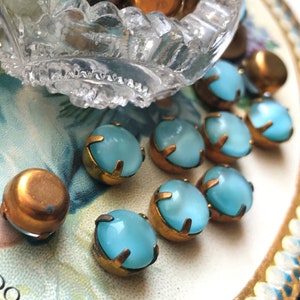 6 Vintage 7mm Aqua Moonstone glass rhinestone in setting vintage findings