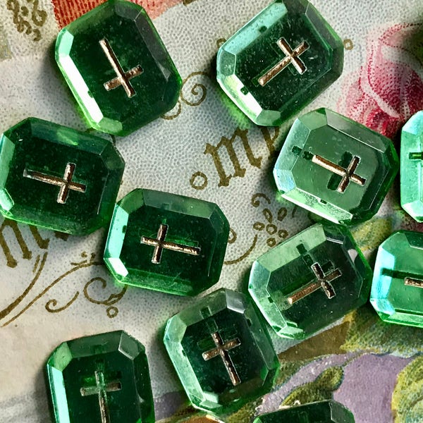 4 Cross cabochons, Western German Vintage Cabochons, Glass cabochons, Gold Cross, Religious cabochons, Christian cabochons, Peridot NOS