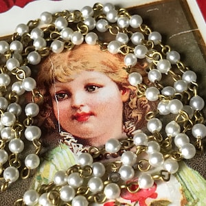 Vintage Chain, vintage Pearl chain, necklace chain, Beaded chain, bracelet chain, Jewelry Bracelet White Shabby Brass Necklace 1pc. 12&quot;