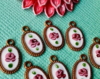 4 Vintage Guilloche Charms, Enameled Charms, Floral Charms, Enamel roses, Shabby chic Charms, copper, vintagerosefindings