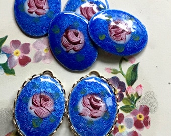 18x13 Vintage Enamel findings, Guilloche cabochons,Enamel charms,hand painted rose,Victorian Pendant, Filigree charms, NOS Choose Style