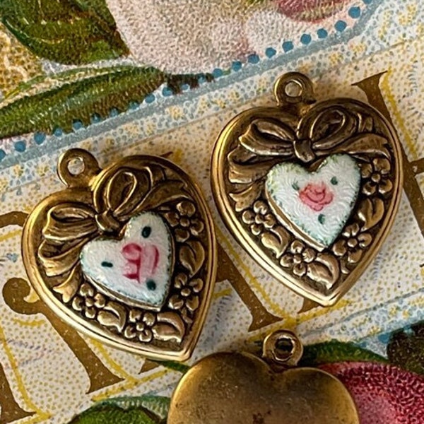 Vintage Heart Pendant Guilloche Enamel Victorian Hand Painted Rose