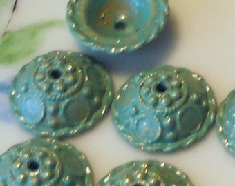 Vintage Bead Caps, 6pcs Ornate Patina Green beads