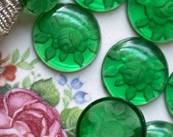 Vintage Rose Cabochons, 16mm, Emerald glass intaglio, 2 pcs