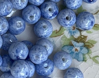 Glass Picasso Beads, Vintage, 5mm, 12pcs SPECKLED BLUE BEADS, nautical beads