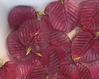Vintage Leaf Drops Dangles Leaves Glass Czech Pressed Rose Pink Charms NOS. #1441