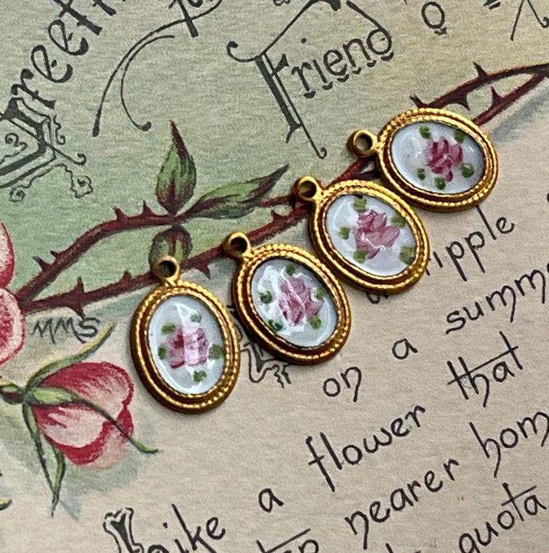 Vintage Enamel Charms, Rose charms, Enamel charms, Dolled up charms, Victorian charms, vintage adornments NOS, Cottagecore charms image 1