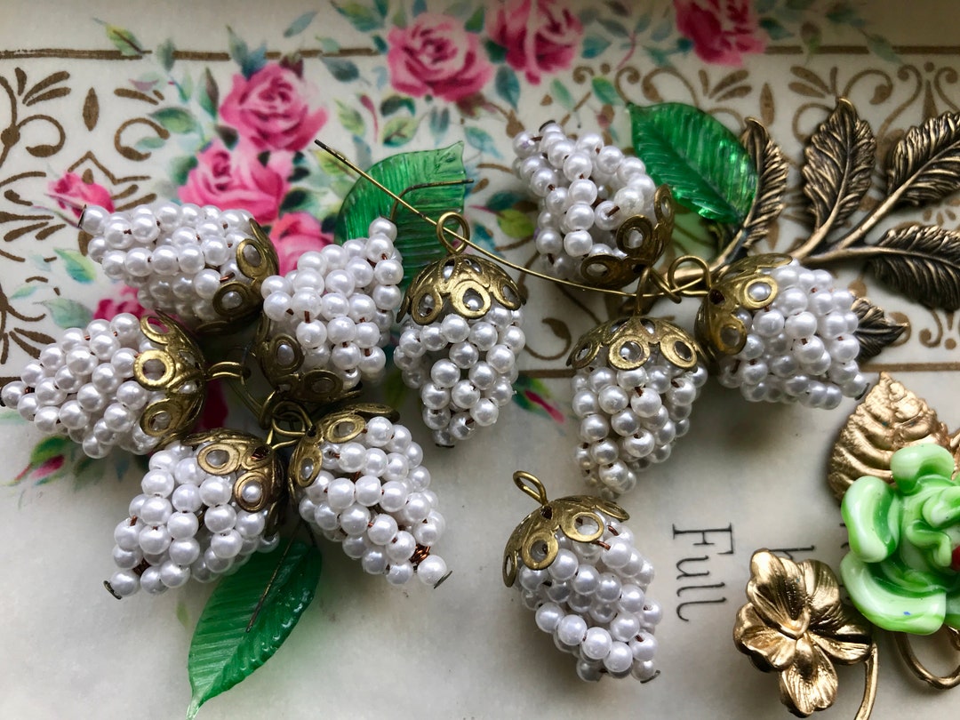 Vintage Beaded Grapes Charms Grape Cluster Charms Grape Earring Parts Pearl Charms Filigree