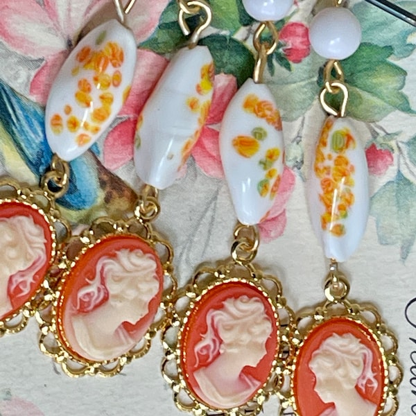 Cameo Drops, Dangles, Millefiori beads, 2pcs, 2 1/4" long