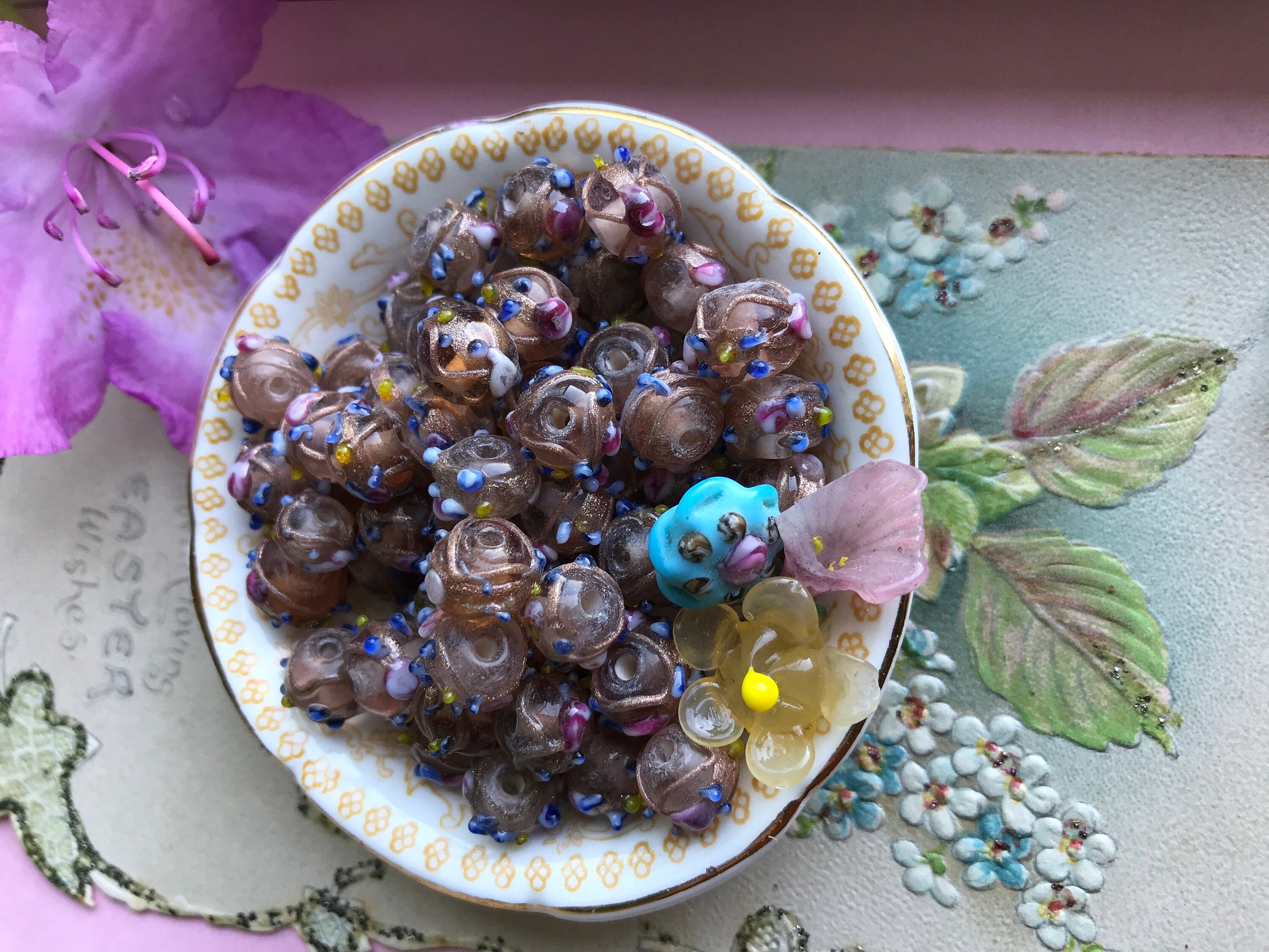 vintagerosefindings Art glass Beads peridot beads Victorian Beads NOS vintage supplies 12mm glass beads Vintage Christmas crackle Beads