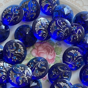 Luminous Blue Cabochon, Vintage Cobalt Glass Jewels, 22mm, Sterling inlay, Rhinestone Floral Glass, Pointed Back, Inlay Flower, Etched image 4