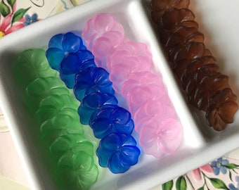 Vintage Flower Beads, Lucite Flowers, 14mm Cabochons, Pink Posey Bead Caps, Blue flower beads, jewelry supplies