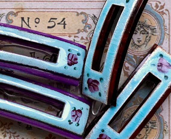 Vintage Enameled Barrette, Vintage Guilloche Barrettes  display picture 2