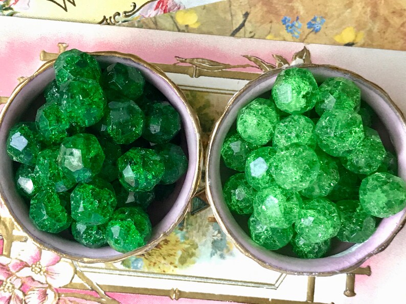 vintagerosefindings Art glass Beads peridot beads Victorian Beads NOS vintage supplies 12mm glass beads Vintage Christmas crackle Beads