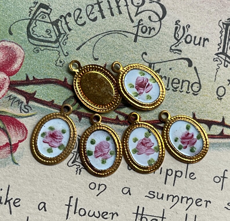 Vintage Enamel Charms, Rose charms, Enamel charms, Dolled up charms, Victorian charms, vintage adornments NOS, Cottagecore charms image 4